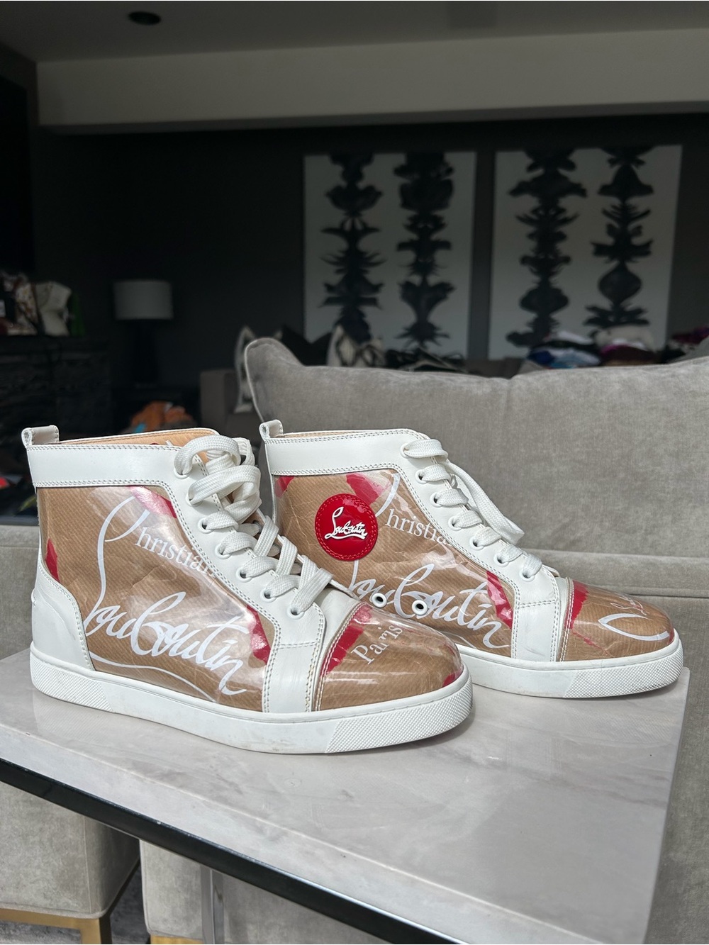 Christian Louboutin White and Red Transparent High-Top Sneakers